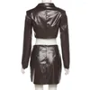 Work Dresses Streetwear PU Leather Dress Set Long Sleeve Outwear Coat High Waist A-line Bodycon Mini Skirt Suit Outfits Party Club