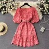 Women Basic Casual Dresses New Vintage Summer V Neck Crochet Flower Lace Dress Fashion Women Rose Red Puff Sleeve Hollow Out Embroidery Belt Mini Vestidos 2024