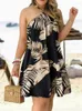 Casual jurken dames sexy losse vintage jurk zomerbackess spaghetti riem boho feest halter nek print mini dames vrouwelijke kleding