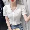 Blusas femininas moda de verão sexy colheita tops women 2023 coreano casual short branco rosa camisetas de manga vintage de manga roxa