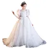 Árabe 2023 laço floral vestidos da menina de flor vestidos de baile criança pageant vestidos trem longo linda crianças branco brilhante menina pageant vestido formal vestido de dama de honra