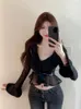 Blouses Femmes Y2K Esthétique Solide Col V Patchwork Mousseline de Soie Femmes Automne Sexy Slim Taille Tunique Crop Top Japonais Vintage Mode Chic