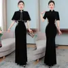 Abbigliamento etnico Moda nera Scialle Qipao Eleganza Abito asiatico moderno Stile cinese retrò Cheongsam lungo Donna Abiti cinesi Slim Fishtail