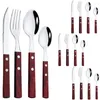 Dinnerware Sets Durtens Stainless Steel 16/24Pcs Cutlery Set Wood Handle Flatware Knife Fork Spoon Tableware Party Kitchen Silverware