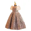 2023 Jolie robe de filles de fleurs brillantes o cou longue robe de bal blingbling 3D appliques florales filles robes de reconstitution historique belle robe d'anniversaire de fleurs faites à la main pour les tout-petits