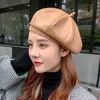 BERETS HT3405 Spring Autumn Hat Women Basker Vintage Pu Leather Artist Painter Octonal Lady Solid Black Grey Beige