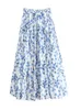 Kjolar Qooth Spring Summer Women's High midja Blue Print Dress Cotton Linen Linne Casual MIDI Dress Qt1716 230412