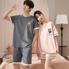 Men's Sleepwear Short Sleeve Sleepwear Couple Men and Women Matching Home Set Cotton Pjs Cartoon Prints Leisure Nightwear Pajamas for Summer 230412