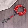 Hänge halsband vintage 8mm röd tall sten Kristus radbandhalsband Hematit Cross Pendant Halsband för män Kvinnliga smycken Partihandel Drop 230412