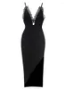 Sukienki swobodne seksowne głębokie rękawie w szyku w szpic koronkową czarną czarną sukienkę midi bodycon kobiet elegancka szczelinowa pusta bandaż klubowe stroje klubowe