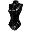 Sexy Set Double Zipper Open Crotch Leather Jumpsuit For Women Erotic Below Crotchless Bodysuit Glossy Shaping Latex Lingerie 230411