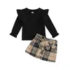 Kledingsets Peuterbabymeisje Geruite rok Outfit Geribbeld gebreid Topshirt met ruches Mouw Miniset 2-delige herfst-winterkleding