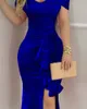 Feestjurken prom voor vrouw koninklijk blauwe lange mouwen met één schouder fluwelen jurk gegolfde zijsplaraat sexy formele avondjurken 2023