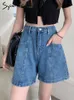 Damen Shorts Syiwidii Denim Shorts Damen High Waist Jeans Retro Street Kostüm Patches Mode Lose Taschen High Street Blue Shorts 230412