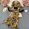 Calças femininas de duas peças outono/inverno floral chiffon cintura alta perna larga com chifre grande camisa com decote em v mangas alargadas duas peças