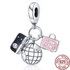 925 Sterling Silver Pink Car Travel Bag Beads Headphones Cherry Dangle Charm Fit Original Bracelet Jewelry Gift