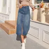 Юбки Zhisilao Высокая талия Прямая джинсовая юбка Women Vintage Split Fork Blue Long Bodycon Pencil Jean Юбка 230412