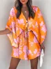 Dames badmode zomer casual trekking tie-up mini losse jurk mode print batwing mouw strandjurk sexy button v nek dames feest coverup 230412