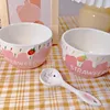 Schalen Mädchen Herz Rosa Geprägte Erdbeere Runde Cartoon Keramikschale Frühstücksflocken Salat Reis Milch Dessert