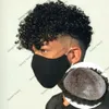 Dayanıklı Deri Pu Base Toupees Natrual Siyah Afro -Amerikan Erkek Toupee İnsan Saçlı Peruk Afro Kinky Kıvırcık Dokuma Değiştirme Sistemi Erkekler için