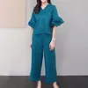 Kvinnors tvådelar Pants Casual Women Two-Piece Set Soft Clothes Stylish V Neck Ruffle Sleeve Top Pant Plus Size Solid Color