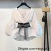 Wangcai01 Kadınlar İki Parçalı Pantolon İlkbahar 2 PCS Takımlar Kadın Çizgili Yay Fener YeVe Bluz + Siyah Bölünmüş Parlamış Yem Pantolon Seti