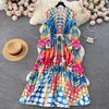 2024 Casual Kleider Frühling Sommer Runway Blau und Weiß Porzellan Kleid Damen Revers Lange Laterne Hülse Gürtel Spitze Up Rüschen Mini Vestidos