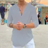 Men s T Shirts Casual Blouse Cotton Linen Loose Tops Solid V neck Long Sleeve Tees Summer Leisure Handsome Men T s 230411