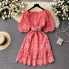 Women Basic Casual Dresses New Vintage Summer V Neck Crochet Flower Lace Dress Fashion Women Rose Red Puff Sleeve Hollow Out Embroidery Belt Mini Vestidos 2024