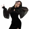 Damen Bademode Schwarz Samt Mesh Figurbetontes Kleid Damen Herbst Winter Cheongsam Vintage Chinesischer Stil Spitze Langarm Sexy Mini