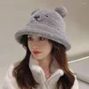 Berets Koreanische Mode Winter Bär Ohren Eimer Hut Frauen Trendy Weiche Korallen Fleece Samt Mädchen Niedlichen Cartoon Pelzigen Warme Fischer