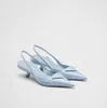 Tasarımcı Topuklar Kadınlar Elbise Ayakkabı Lüks Üçgen Logo Fırçalanmış Deri Slingback Pompalar Santili Ayak Parçaları Virgül Topuk EU34-40 Kutu Elbiseleri
