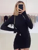 Casual klänningar långärmad ruched bodycon klänning kvinnor turtleneck bandage mini höst svart mager stretchy party vestidos 230427