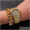 Colar de pulseira Hip Hop Bling Chains Jewelry Men Iced Out Diamond Miami Chain Chain Rose Gold Gold Sier Watch Colares Set D DHGARDEN OT41X