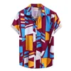 Men's Casual Shirts Loose Sleeve Printed Contrast Short Mens Collar Color Down Geometric Turn Blouse Blue Slim Fit Dress For MenMe