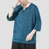 Herr t-skjortor sommaris silk lös avslappnad skivknapp 3/4 ärmmar t-shirt kinesisk stil v krage tunna dagliga avslappnade toppar grundläggande tees