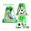 Gift Wrap 12st/Lot Football Theme ryggsäck Happy Birthday Party Nonwoven Tyger Soccer Ball DString Gift Bag Baby Shower Mochila OT4ID