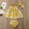Klädset 0-2T Baby Girl Blommiga Toppar Born Yellow Dress Shorts Byxor Flickor Ärmlösa Kläder 3ST Set Sommar Outfits