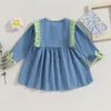 Girl Dresses BeQeuewll Baby Girls Dress Denim Frills Patchwork Buttons Crew Neck Long Sleeve Toddler Fall Fashion Casual Princess