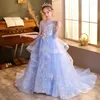Girl Dresses Child Teen Evening Long Luxury Blue Tulle Birthday Party Formal Kids Bridesmaid Wedding Sequin Pageant Vestidos
