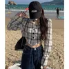 Kvinnors blusar Deeptown Plaid Shirt Vintage Harajuku Crop Chic Woman Blus Japanese Asymmetrical Long Sleeve Tops Korean Fashion Retro