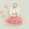 Ensembles de vêtements bébé filles tenue d'été blanc manches volantes lettre imprimé barboteuse tulle jupe bandeau