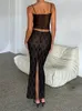 Two Piece Dress CHRONSTYLE 2pc Suits Lace Sleeveless Strap Vneck Tank Tops Party Club Mesh See Through Vest Low Waist Back Split Skirts 230413