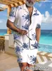 남성용 트랙 슈트 여름 해변 착용 옷 남자 하와이 셔츠 세트 2 조각 의상 버튼 업 셔츠 코코넛 나무 인쇄 Tshirts 휴가 230413