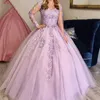 Quinceanera klänningar prinsessan lätt lila långärmad blommor pärlor v-ringning bollklänning med tyll plus size sweet 16 debutante party födelsedag vestidos de 15 anos 90
