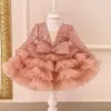 Girl's Dresses Luxury Flower Girl Dress Scoop Neck Puff Girls Party Dresses for Wedding Short Sleeves Tulle Kids Christmas Ceremonial Dress 231110