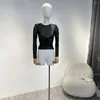 Women's Blouses 2023 Original Sexy Invisible Zipper Ruched Black See Through Long Sleeve Stretchable Tulle Tops For Women