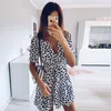 Casual Dresses White Sand Spot Mini Summer Dresses Women V Neck Casual Beach Sundress Sexy Botton Wrap Bodycon Dress Female 230413