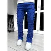 Męskie dżinsy męskie dżinsy grzywne hip-hop surowy krawędź elastyczna łatka punkowa rock długie ciasne dopasowanie dżinsów dżinsowe spodnie niebieskie różowe streetwear 231113
