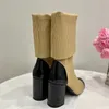 Leather stretch-knit knee Booties high-heeled Sock-like cuff Boots women Slip-on chunky heels luxury designers Fashion evening party shoes factory footwear size 35-41